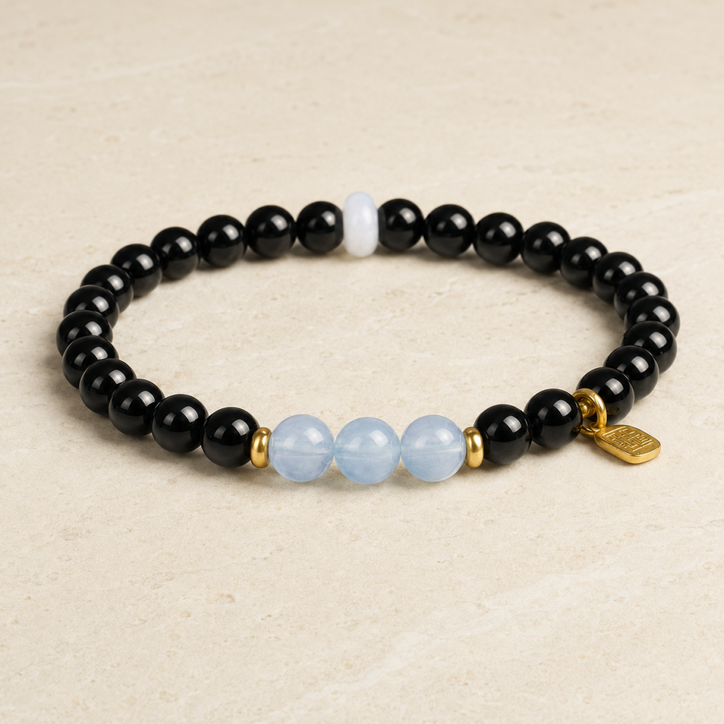 The Still Sky Bracelet Black Obsidian & Sky-Blue Beaded Bracelet